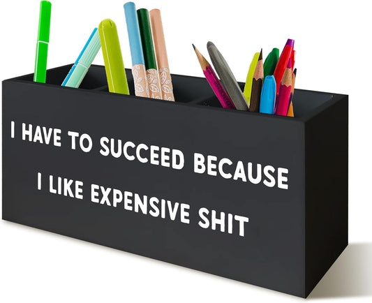 Funny Sign Decor Pen Holder for Desk, Funny Black Office Signs Decor, I Have to Succeed Because I like Expensive Shit, Amusing Decor Office Pen Holder for Women Men Desk Accessories