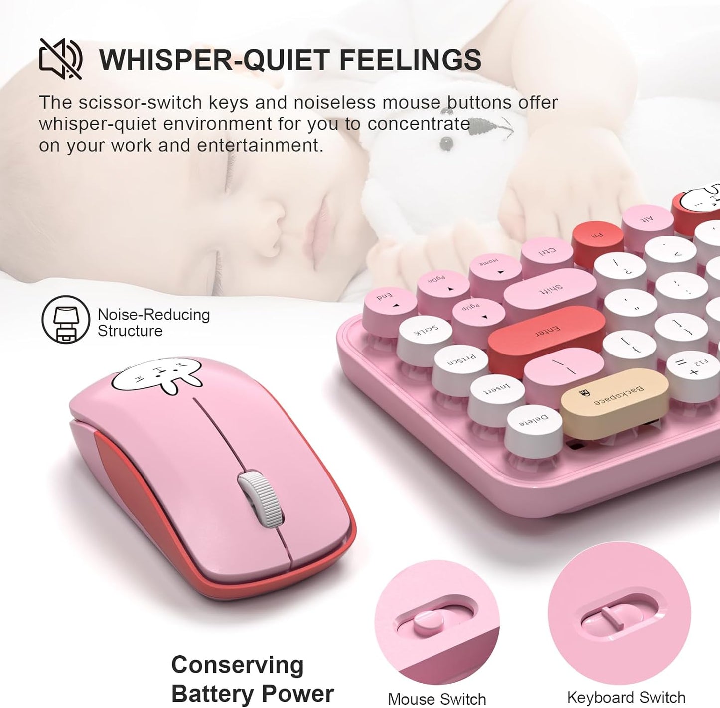 FOPETT Wireless Keyboard and Mouse Cute Mouse and Keyboard 2.4G Wireless Keyboards with Colorful 68 Keys Typewriter Retro Round Keycap for PC, Laptop,Tablet,Computer Windows - Pink Colorful