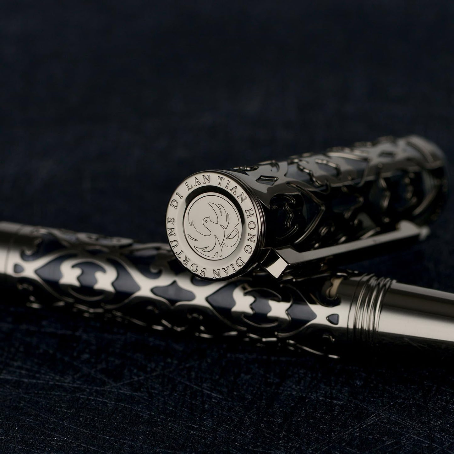 Hongdian D1 Piston Fountain Pen Extra Fine Soft Nib, Jet Black Hollow Skeleton & Resin Pen with Metal Case Set