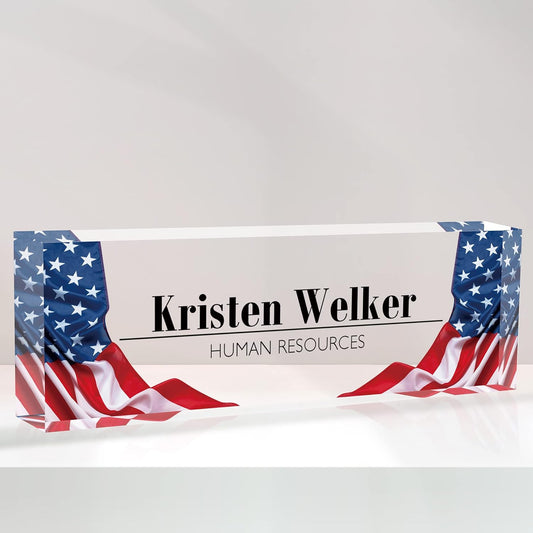 Flpoxzd Desk Name Plate Personalized, Custom Name Plates for Desks, Premium American Flag Acrylic Desk Name Plate, Office Desk Decor for Women or Men Coworkers, Boss, Employee, Teacher (Flag2)