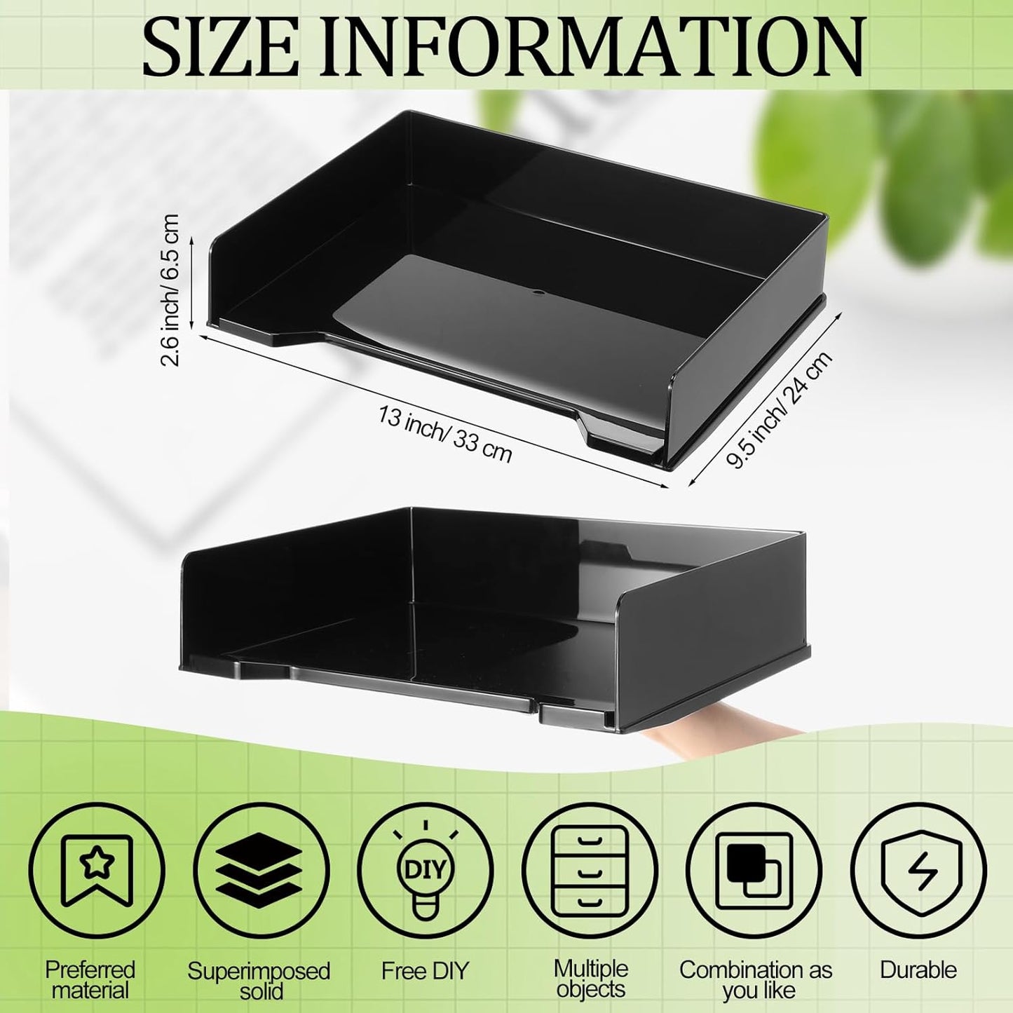 2 Pcs Stackable Letter Tray Rectangular Plastic Desk Organizer 13 x 9.5 x 2.6 in Paper Holder File Tray Accessories Rack for Desktop Office Desk Drawers (Black)