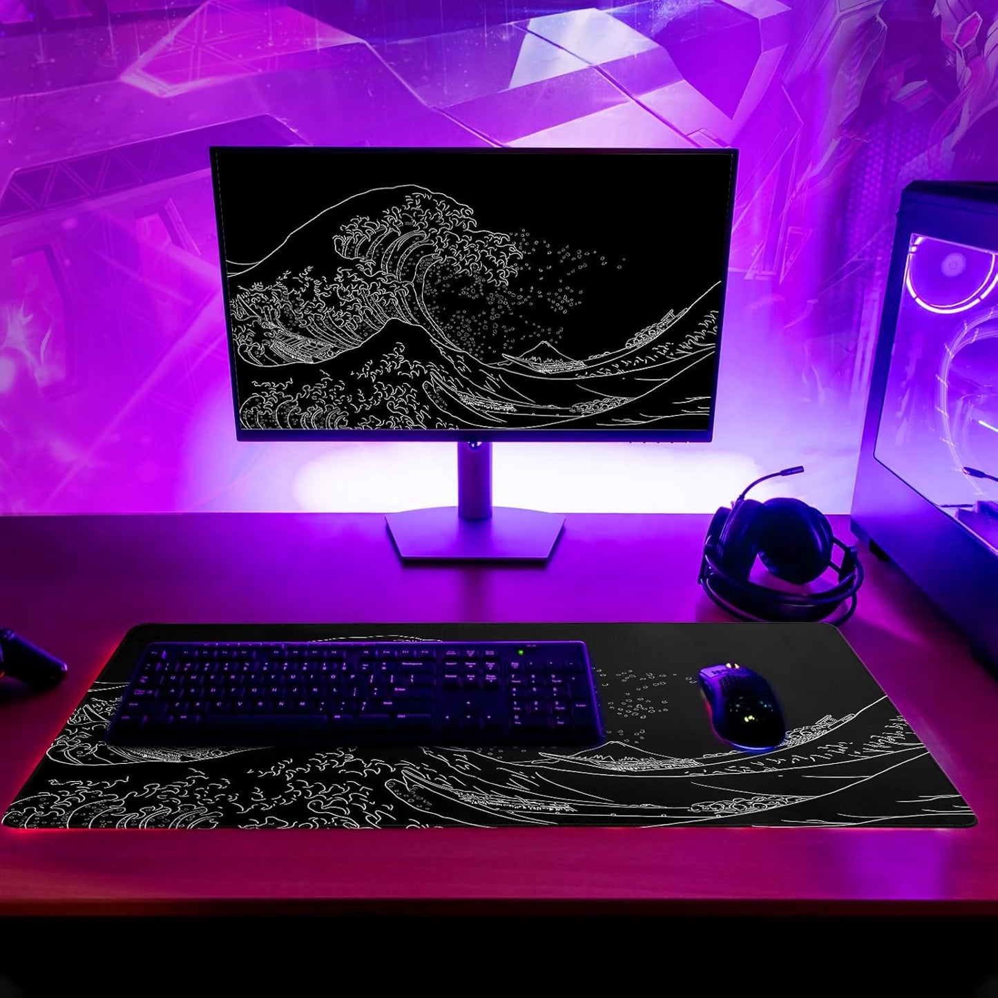 Mousepad 31.5 x 11.8 inches, Large Gaming Mouse Mat with Non-Slip Base, Extended Anime Mouse pad, Full Keyboard Mat with Stitched Edges for Gaming and Office (Kanagawa Wave)