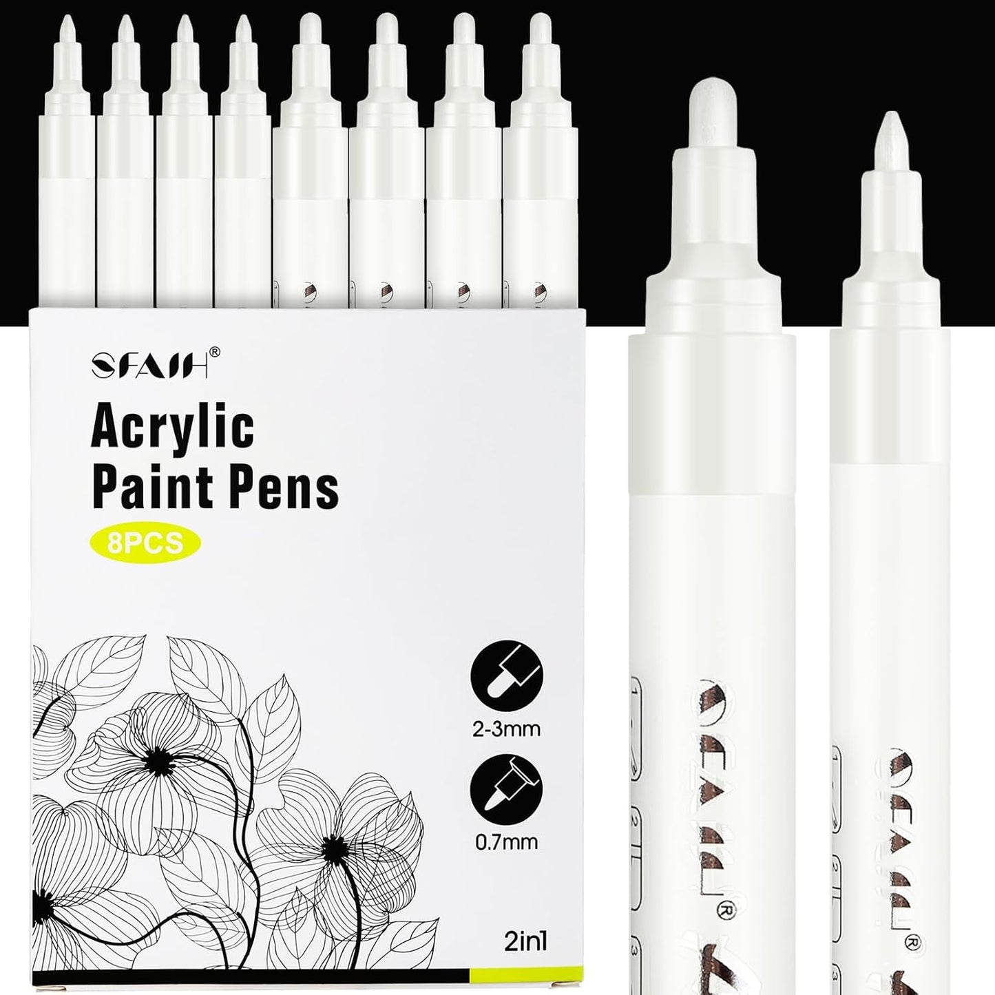 SFAIH Acrylic White Paint Pens - 8 Pack 2-3MM Medium Tip & 0.7MM Extra Fine Paint Marker for Rock Painting, Wood, Metal, Fabric, Plastic, Canvas, Glass, Ceramic, Diy Crafts, White Out Pen