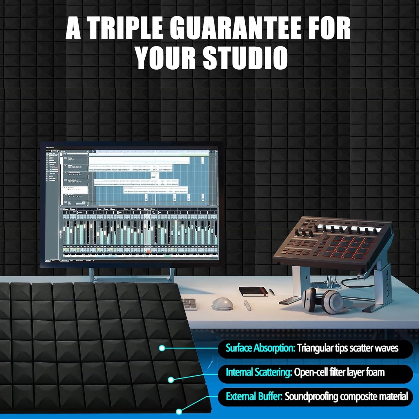 2 Pack Acoustic Panels, 48 x 24 x 2" Sound Proof Foam High Density Studio Wedge Tiles Fire Resistant Acoustic Panels for Home,Office, Recording Room, Studio (Black-2 Pack)