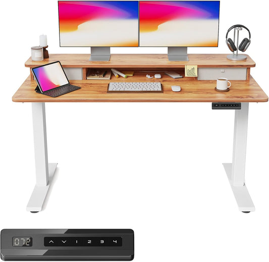 FEZIBO 63 x 28 Inch Deeper Height Adjustable Electric Standing Desk with Double Drawers, Sit Stand Up, Home Office Computer Desk with 4 Height-Adjustable Feets & 2 Hooks, White Frame/Light Rustic Top