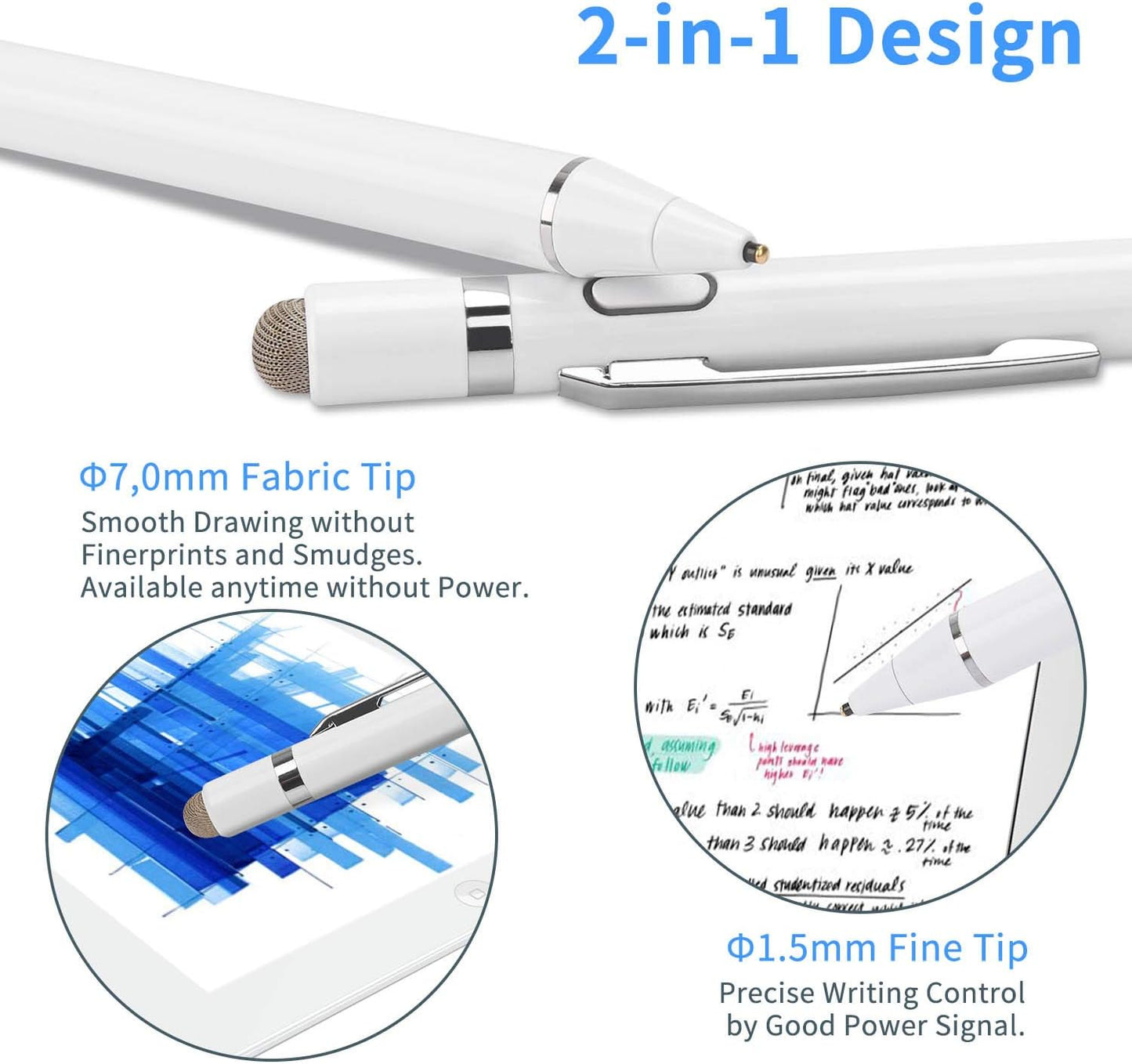 2-in-1 Active Stylus Digital Pen with 1.5mm Ultra Fine Tip for iPad iPhone Samsung Tablets, Work on Touchscreen Phones and Tablets,Good at Drawing and Writing, White