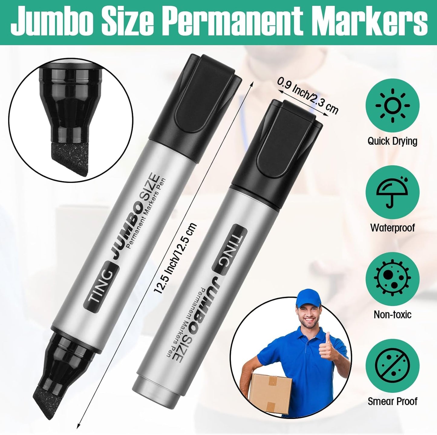 Fuutreo 16 Pcs Jumbo Size Permanent Markers Bulk Large Chisel Tip Permanent Markers Thick Waterproof Jumbo Pens Set Huge Poster Supplies(Black)
