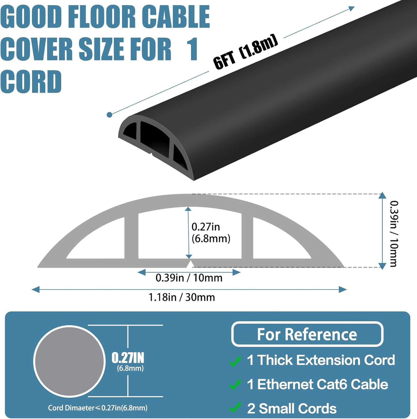 Floor Cord Covers for Wires 6FT Cable Hider Wire Cover Self Adhesive Cord Hider Floor for Offices, Homes, Workshops, Warehouses Cable Cavity 0.39" W x 0.27" H