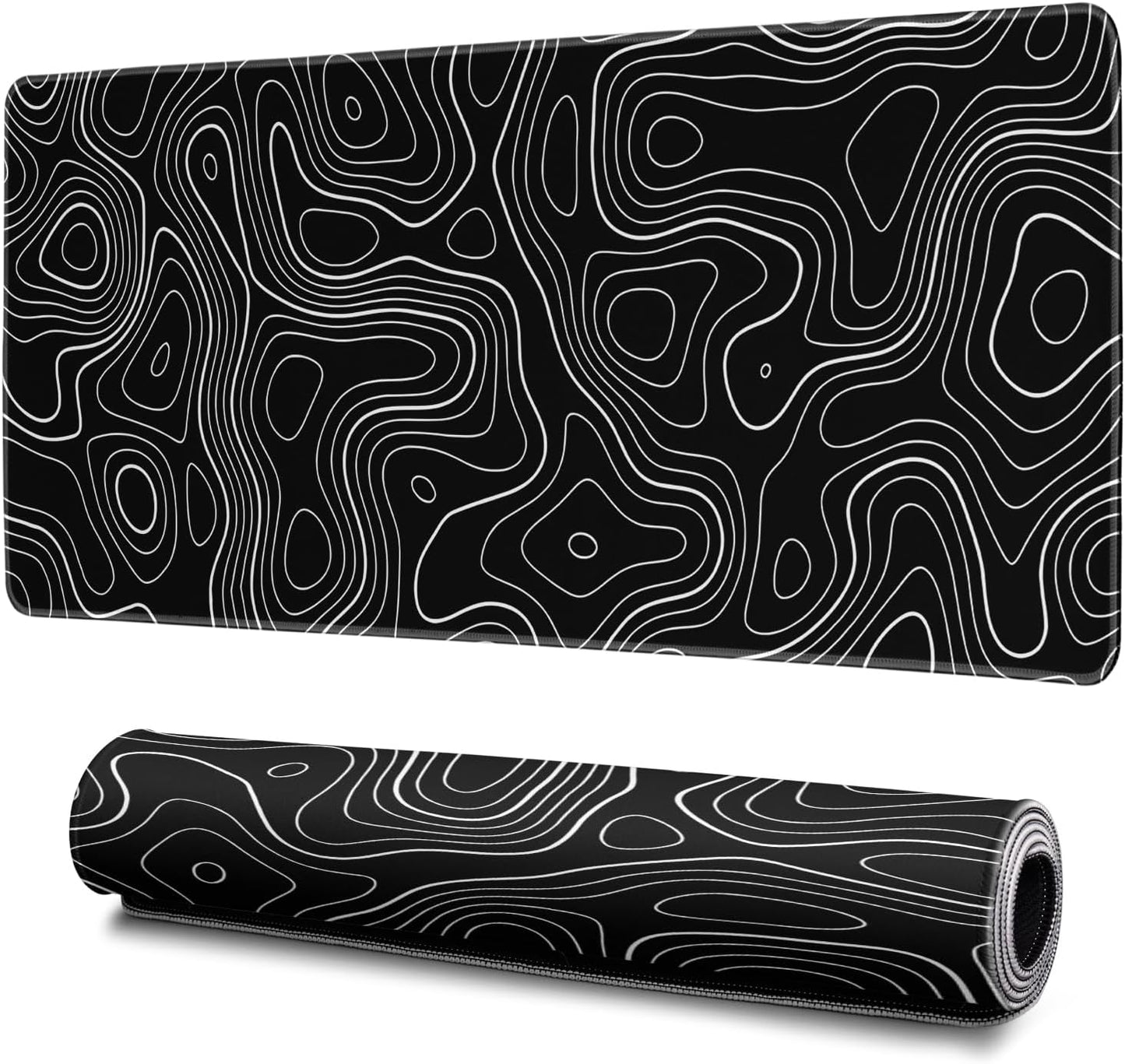 Topographic Contour Gaming Mouse Pad Black Large Mouse Pad for Keyboard and Mousepad Desk Mat with 3mm Non-Slip Base and Stitched Edge for Gaming and Office Computer Mat Protector Mat 31.5x11.8 Inch