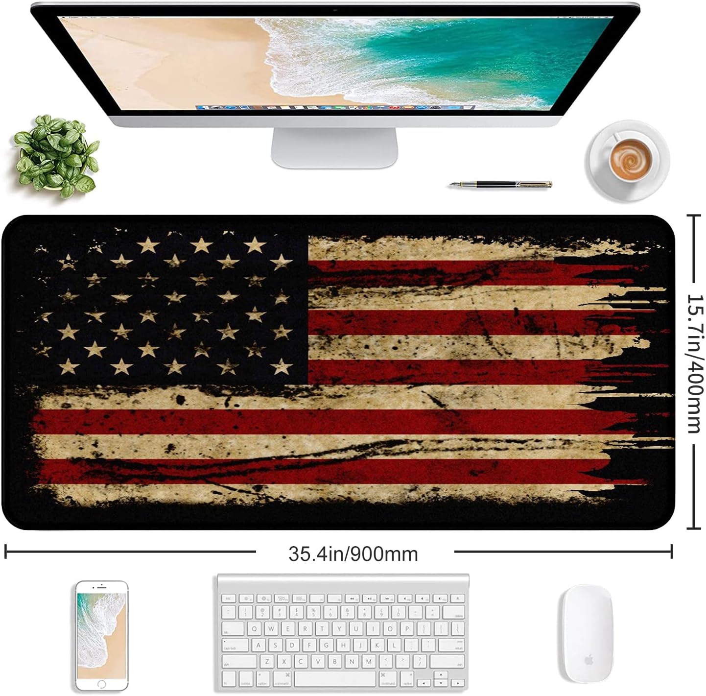 Large Extended Gaming Mouse Pad with Stitched Edges, Non-Slip Waterproof Rubber Base Mouse Pad for Office, Computer, Keyboard, Laptop and Home Desk Pad 35.4 x 15.7 x 0.12 Inch (American Antique Flag)