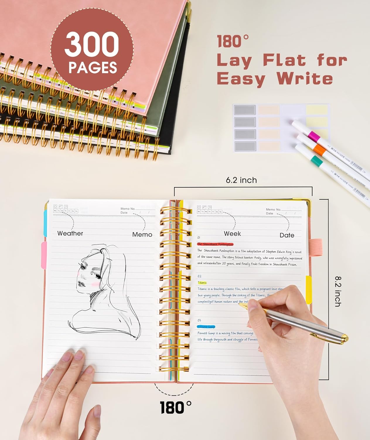 Hardcover Spiral Notebook journal with Removable Dividers Tabs, 300 Pages Leather 5 Subject Notebook College Ruled, 100GMS A5 Notebooks for Work School Note taking,Lined Journal for Women,A5-Black