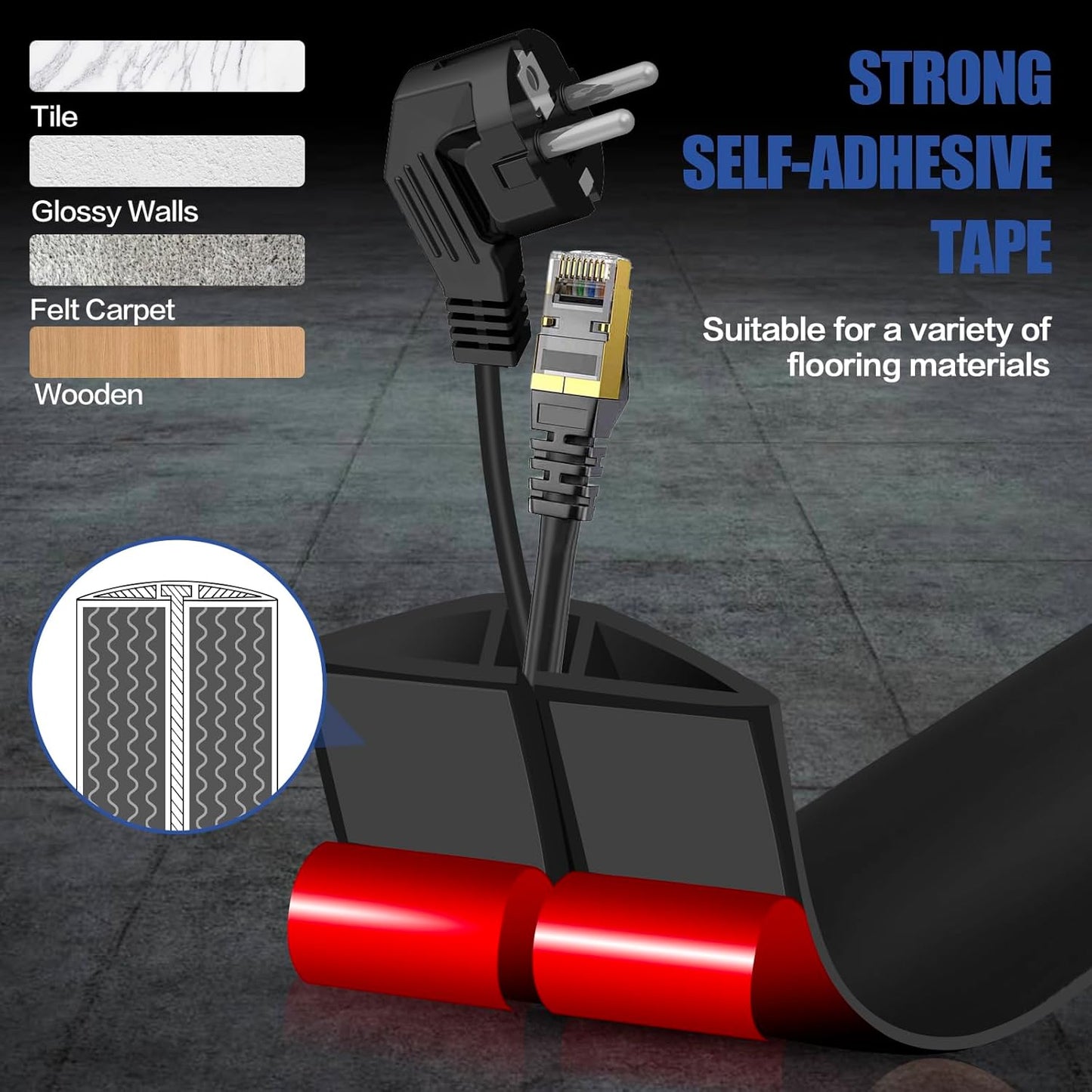 Floor Cord Cover Self Adhesive Cord Hider,3.3FT Cable Management, Extension Strip Protector for Wires, Prevent Cable Trips for Offices, Gyms, Exhibitions Cavity:0.51"(W) x 0.3"(H) Black