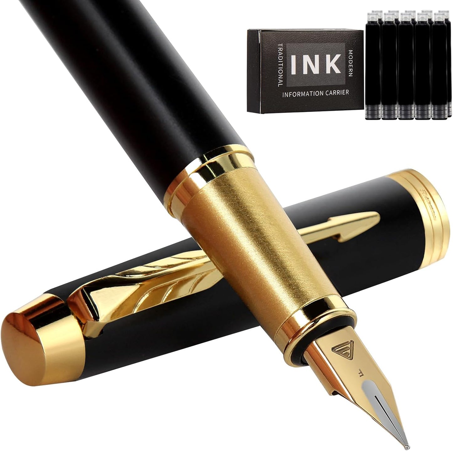 Fountain Pen, luxury pens Fine point smooth writing for journaling fancy pen with Gift Case 8 black ink cartridges an EF nib an ink converte nice pens writer gifts-Matte Black