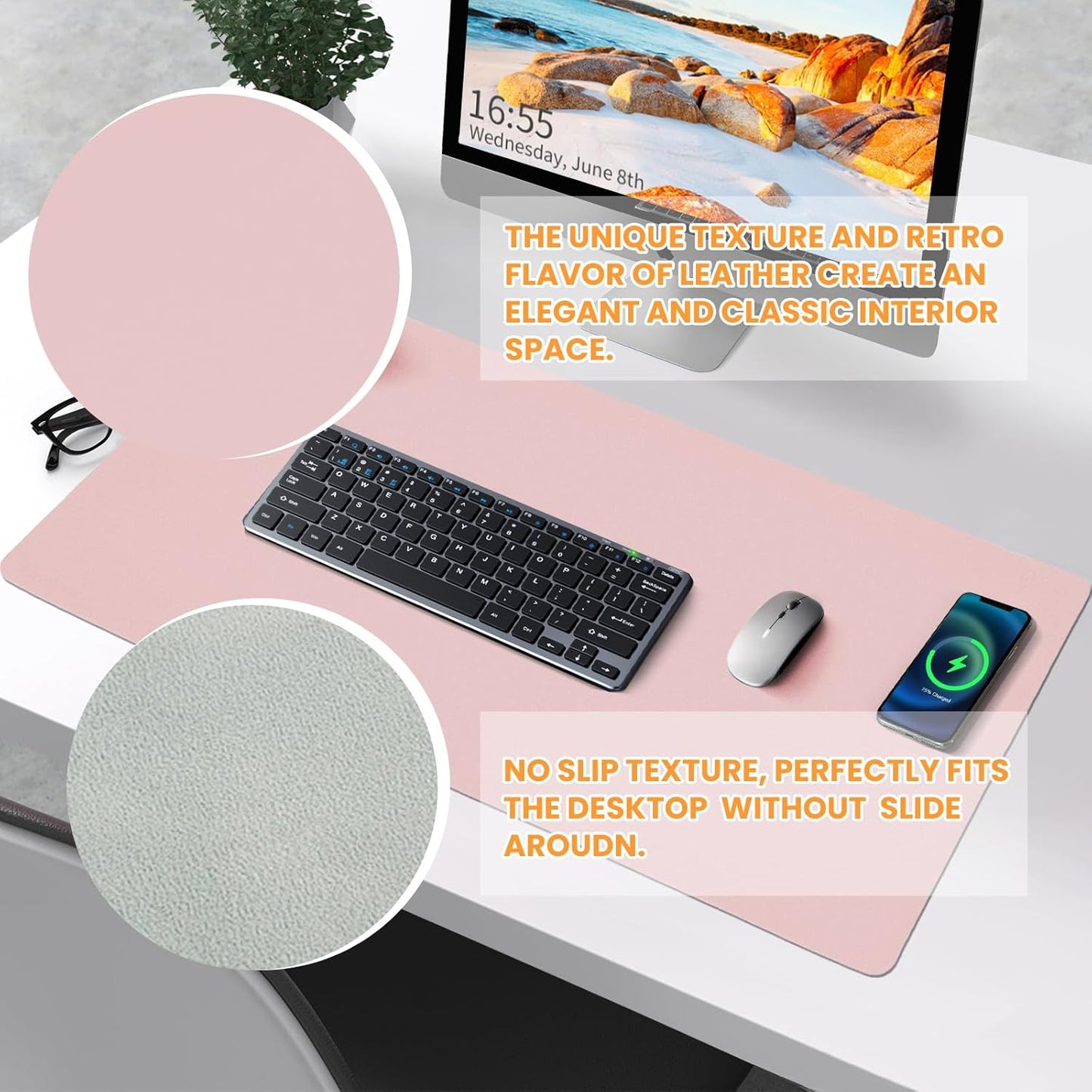 Desk Mat Wireless Charging Mouse Pad Large 32x16 Journey Desk Pad Mat with Wireless Charger Waterproof Pink Leather Computer Mat with Phone Charger Mousepad Non-Slip for Keyboard and Mouse