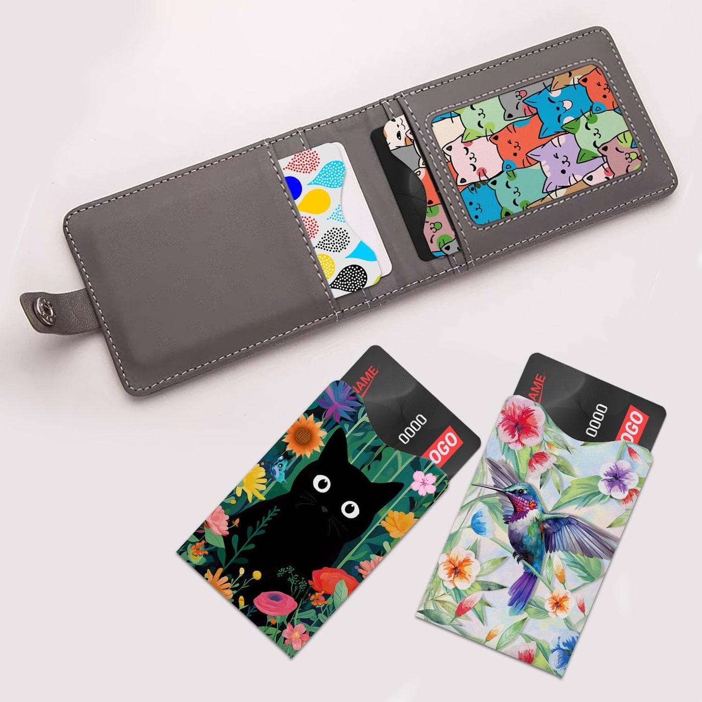 12 PCS RFID Blocking Sleeves, Credit Card Holder for Women Men Protect Cards Identity from Electronic Theft Travel Case Set (Black Cat Flower)