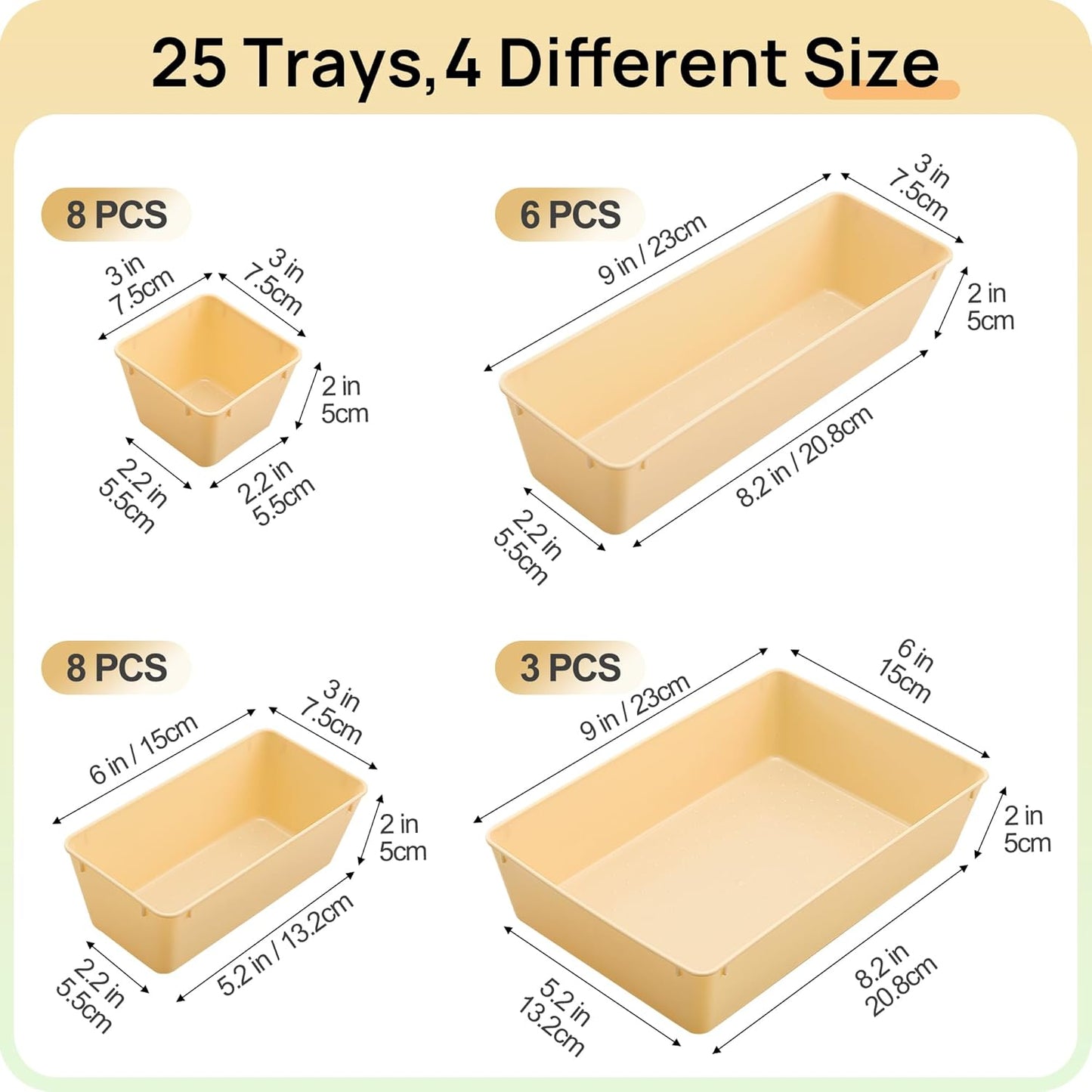 Vtopmart 25 PCS Plastic Drawer Organizers Set, 4-Size Versatile Bathroom and Vanity Drawer Organizer Trays, Storage Bins for Makeup, Bedroom, Kitchen Gadgets Utensils and Office