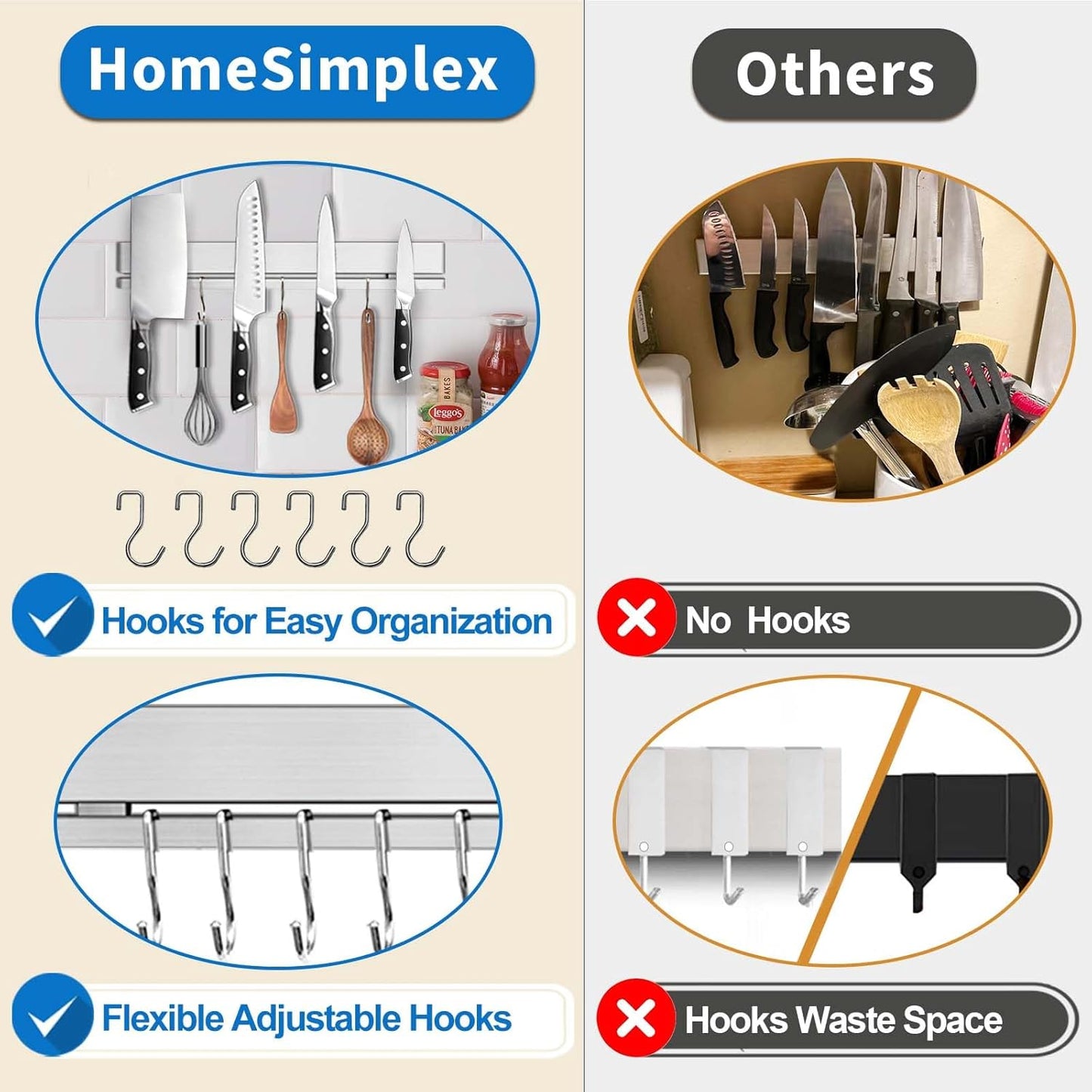 12 Inch Magnetic Knife Holder for Wall with 6 Hooks No Drill-Double Magnetic Bar Strong Adhesive Knife Magnetic Strip-Kitchen Utensil Hanger-304 Stainless Steel Magnetic Kitchen Knife Rack