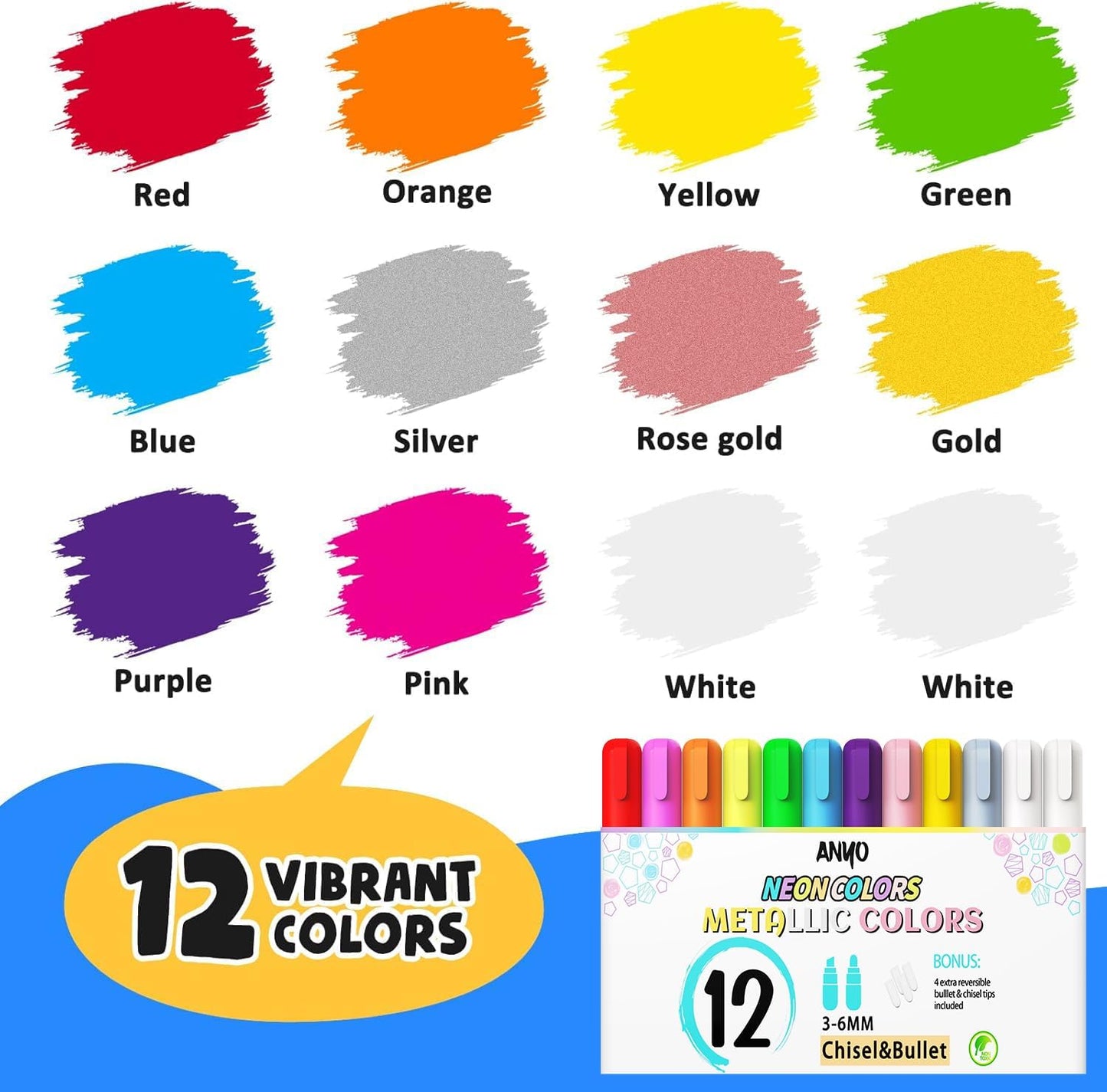 Anyo 12 Pack Window Markers for Cars, Liquid Chalk Markers with 6mm 3 in 1 Nib Bold Tip, Metallic & Neon Color Wet Erase Window Paint for Glass Washable, Glass, Mirror, Blackboard, Bistro, Menus