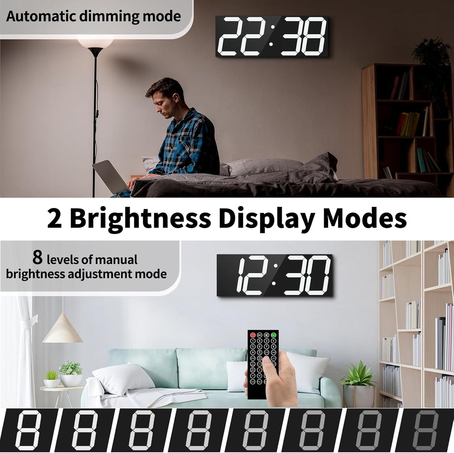 18.7'' Automic Digital Wall Clock, LED Digital Clock with Large Display, Multi-Function Wall Clock with Alarm and Timer, Auto Time Sync Clock with Adjustable Brigthness(White)