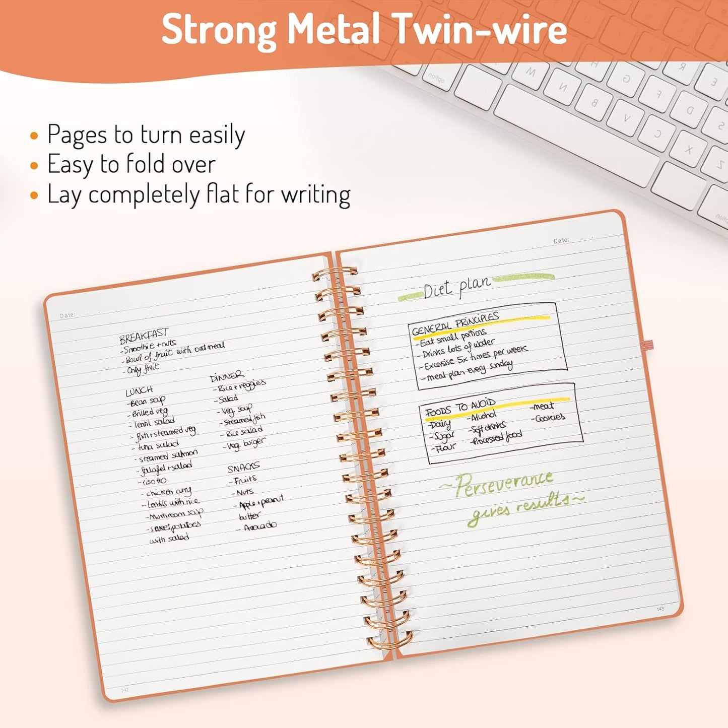 Forvencer A4 Lined Spiral Journal Notebook with 300 Numbered Pages, 11" X 8.5" Thick Journals for Writing with 100GSM Paper, Hardcover Notebooks with Contents for Work, School, Orange