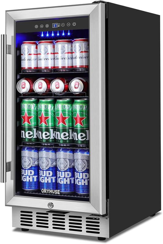 15 Inch Beverage Refrigerator, 130 Can Capacity Under Counter Fridge with Lock & Glass Door, Quiet Built-in or Freestanding Beer Cooler, Powerful Compressor for Fast Cooling
