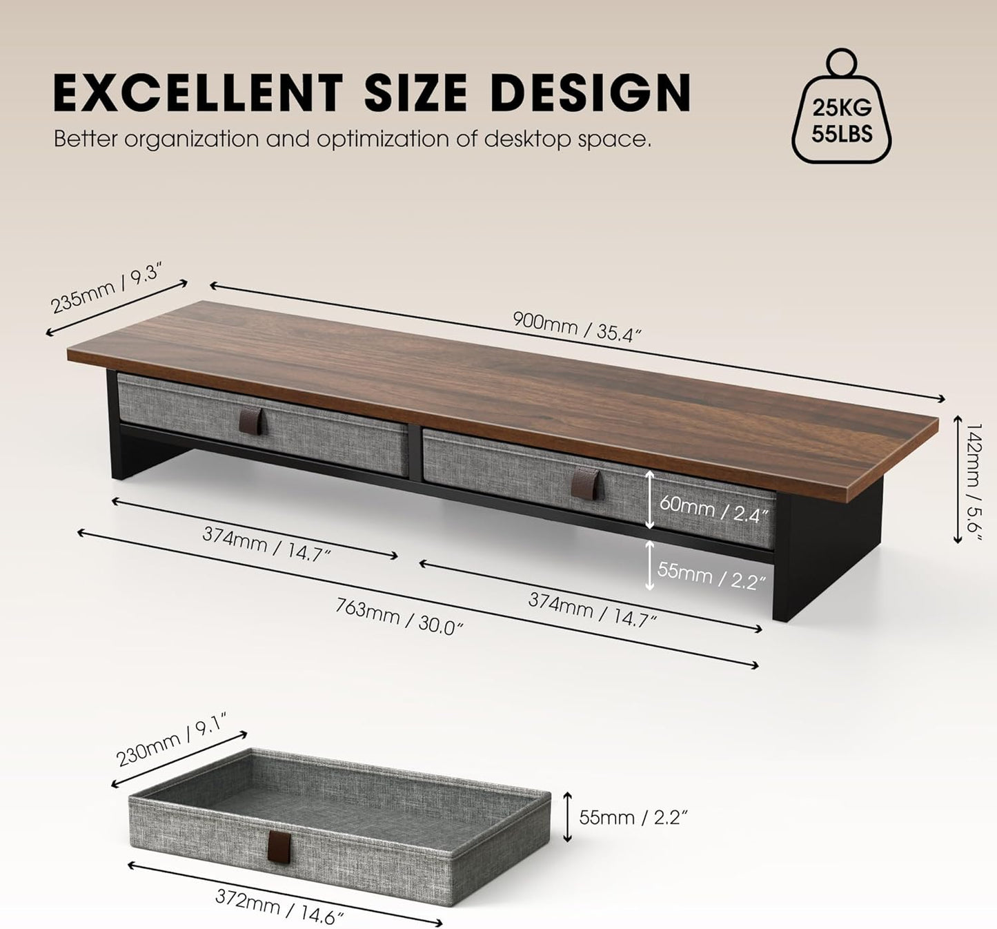 Fenge Monitor Stand with Drawer, 2 Tiers Dual Monitor Riser for Desk, 35 Inch Computer Stand for 2 Monitors, Desk Shelf for Home, Office, Laptop, PC, TV, Printer