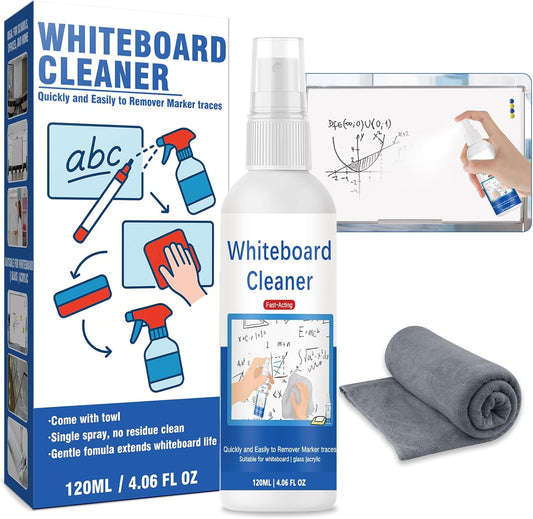 Whiteboard Cleaner, Low-Odor Dry Erase Board Cleaner with Cloth, White Board Cleaning Spray for Classroom, Home and Office Use, Removes Marks from Whiteboards, 4.06oz