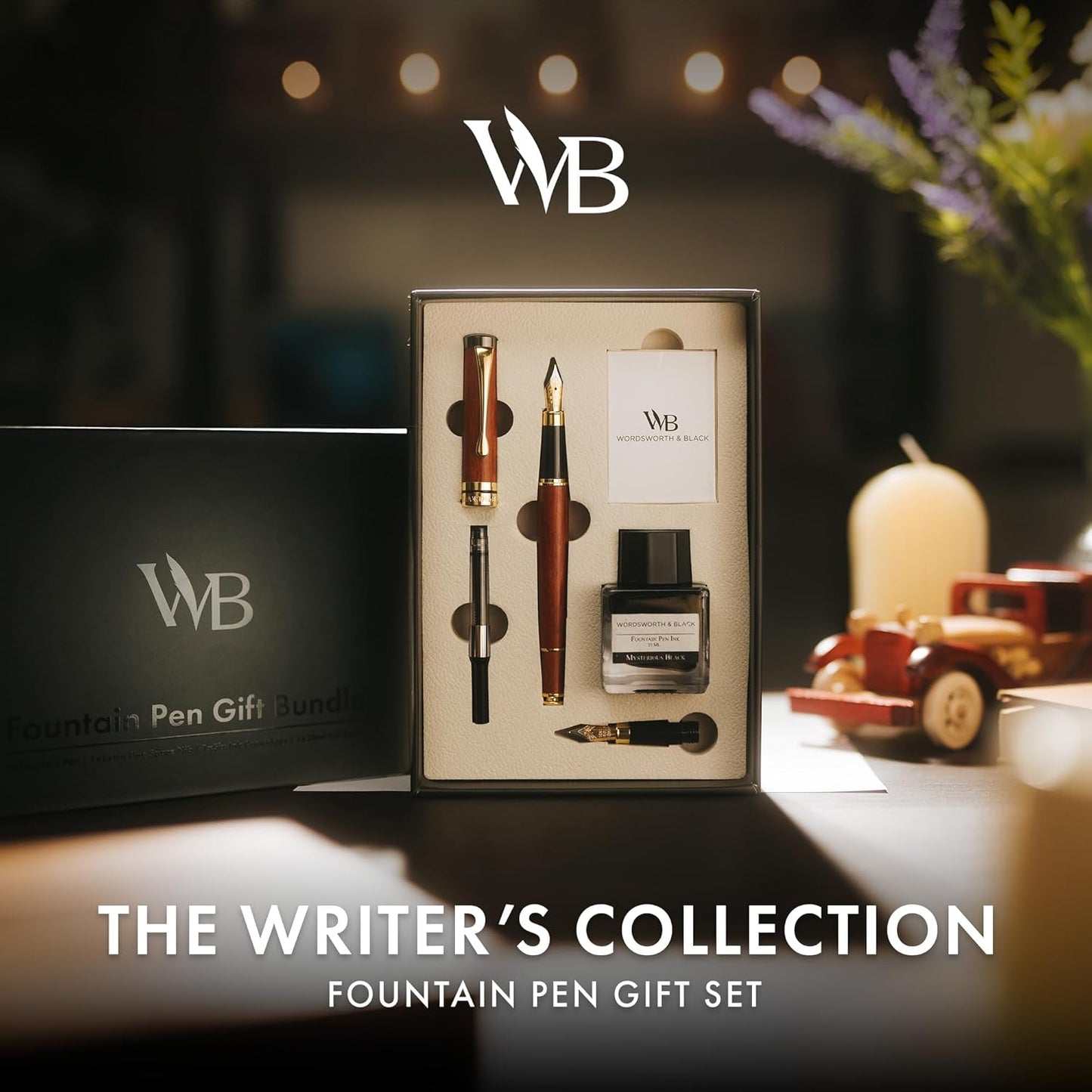 Wordsworth & Black Fountain Pen Set, Luxury Bamboo Wood - Medium Nib, Extra Fine Nib, Gift Case; 25ML Black Ink Bottle, 6 Ink Cartridges, Refill Converter - Calligraphy, Writing [Brown Wood]