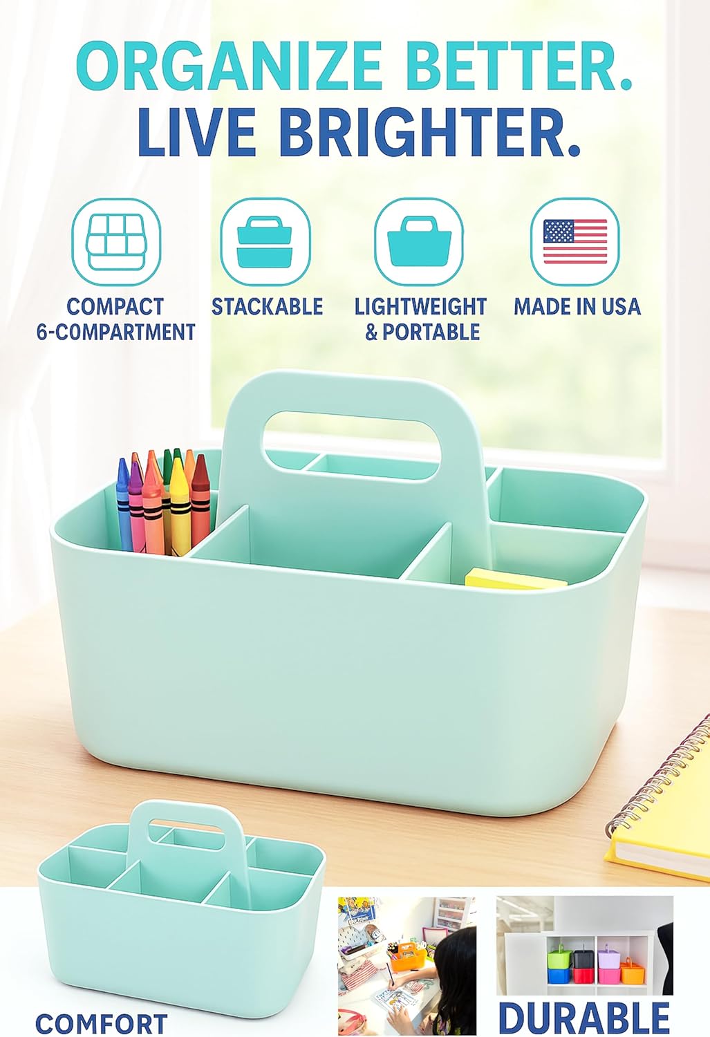 2 Pack Small 6 Compartment Multiuse Caddy Organizer with Handle Art Craft Supplies, Office, Desk, Stationery Pen Holder Stackable- Made In USA (Mint)