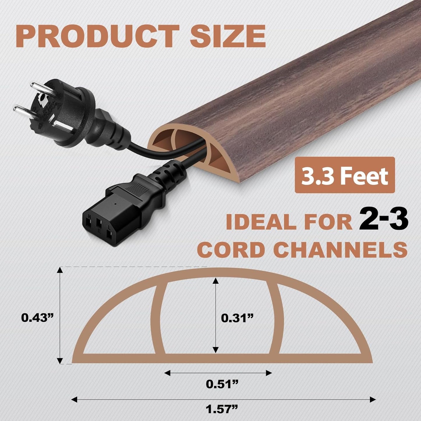 Floor Cord Cover for Wires on Floor Self Adhesive Cord Hider Floor Cable Management Wire Covers for Cords Protector Prevent Cable Trips Cord Cavity W 0.51" x H 0.31", Grayish Brown Wood, 3.3Ft