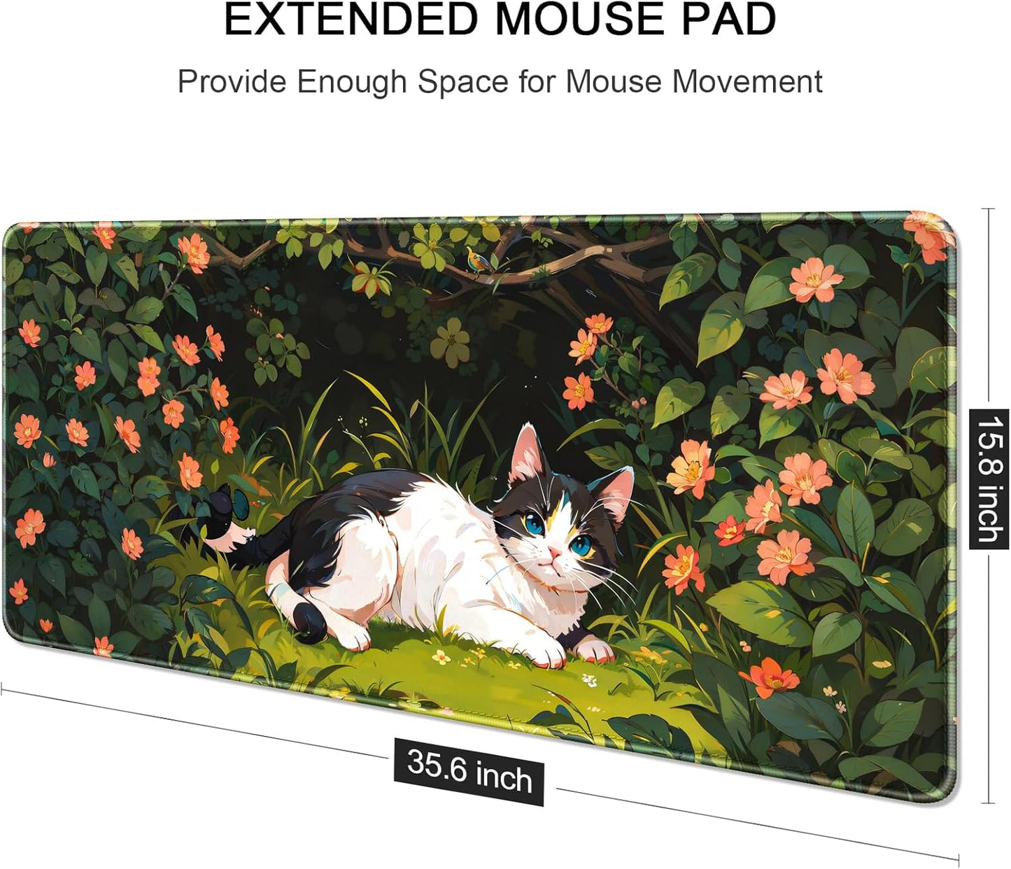 Auhoahsil Large Mouse Pad, XXL Gaming Mousepad, Desk Mat for Desktop, Thick Rubber, Big & Long Size, Stitched Edges, Full Desk Pad for Laptop & Computer, Extended 35.4 x 15.7 in, Cat Shrubbery