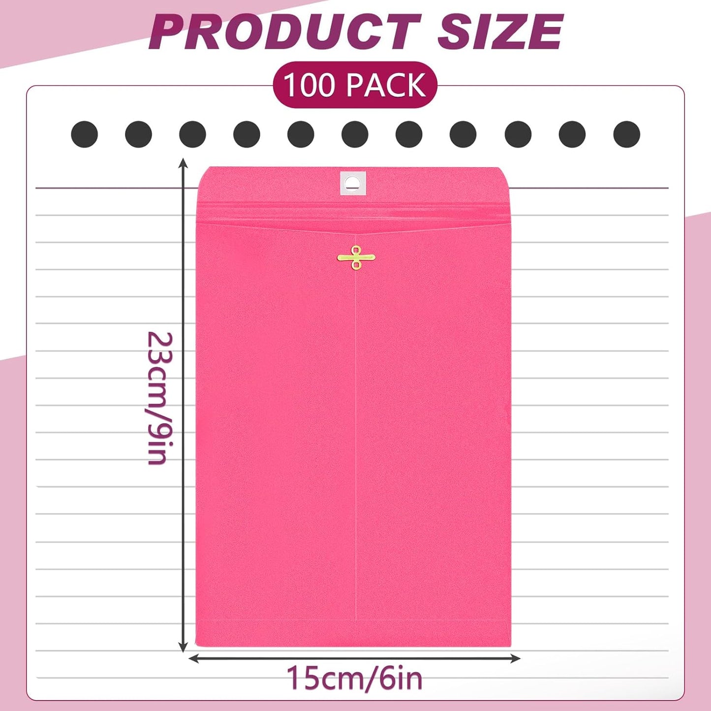 Geyee 100 Pcs Clasp Manilla Envelopes 6 x 9 Inch Gummed Colored Envelopes for Storing or Mailing for Home Office Business Supplies(Rose Pink)