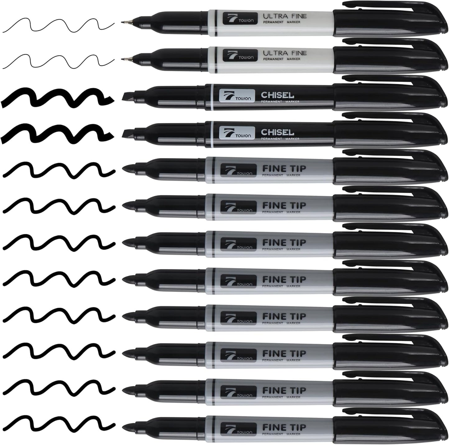 12 Black Permanent Markers with Bag - Waterproof Quick Drying Pens Set 8 Fine Tip, 2 Ultra Fine, 2 Chisel Tip Office Home School Supplies for Adults Writing Doodling Marking