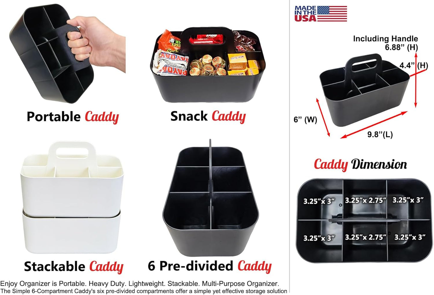 2 Pack Small 6 Compartment Multiuse Caddy Organizer with Handle Art Craft Supplies, Office, Desk, Stationery Pen Holder Stackable- Made In USA (Ivory)