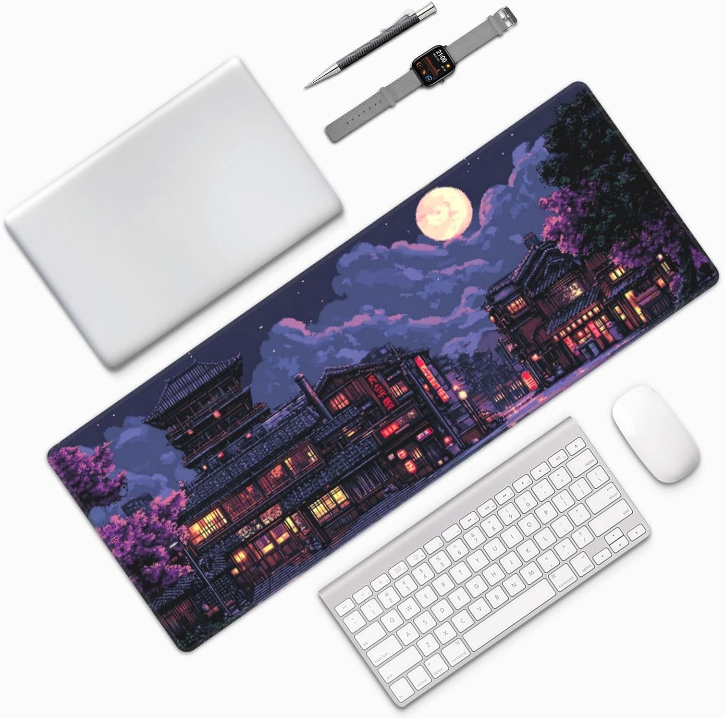 Night Mouse Pad 31.5 X 11.8 Inch Big Desk Rubber Base Stitched Edges Keyboard Pad XXL Mouse Mat for Home Game and Office
