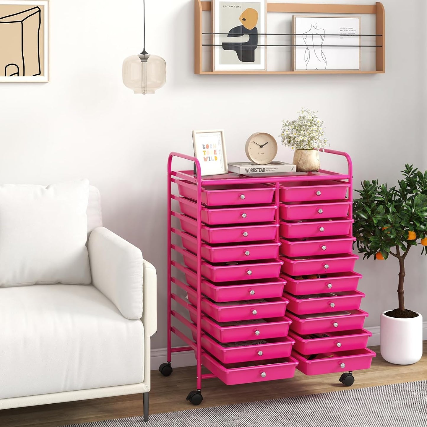 Giantex 20 Drawers Rolling Cart, Mobile Storage Drawer Cart, Classroom Organizer for Office School Supplies Teacher Tools Scrapbook Paper Craft Small Printer, Utility Stand on Wheels, Hot Pink
