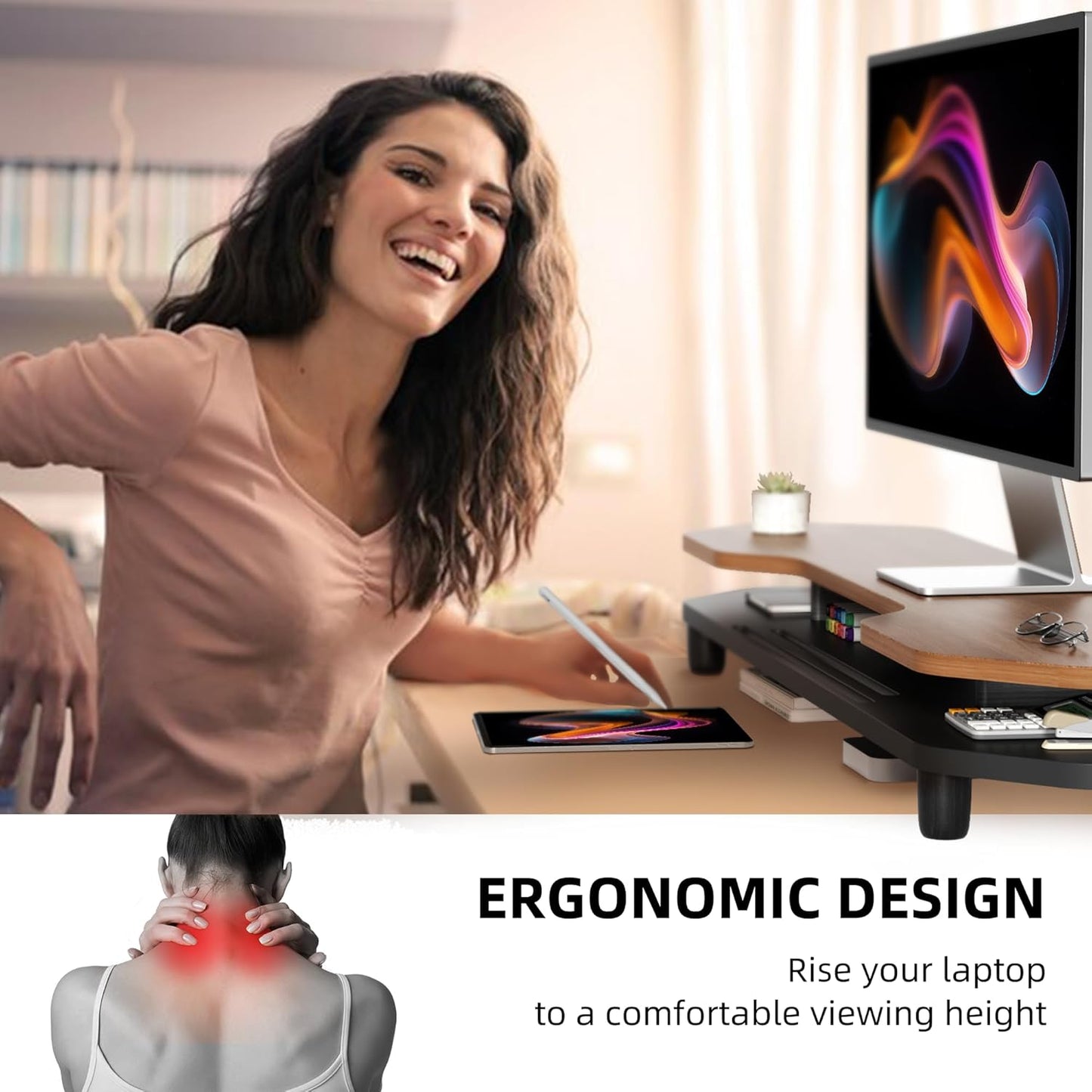 2 Tier Dual Monitor Stand Riser,Wider Board Computer Monitor Stand for 2 Monitors,Slot For Phone/Tablet Office Desktop Organizer for Laptop,PC,Computer,Printer,Walnut Finish