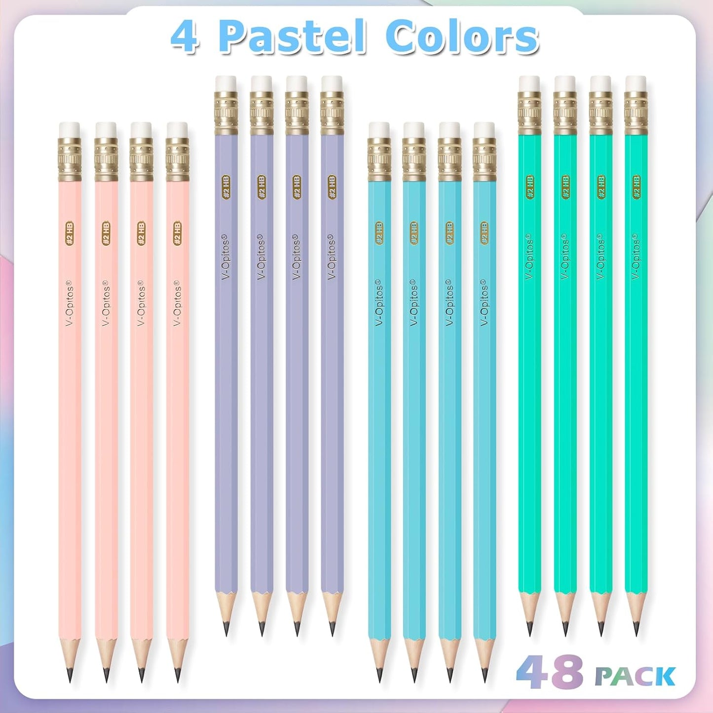 V-Opitos Wood-Cased #2 HB Pencils, 48 Pack Pre-Sharpened Pencils with Top Erasers, Bulk Pastel Color Pencils for School Teacher Supplies, Writing, Drawing and Sketching