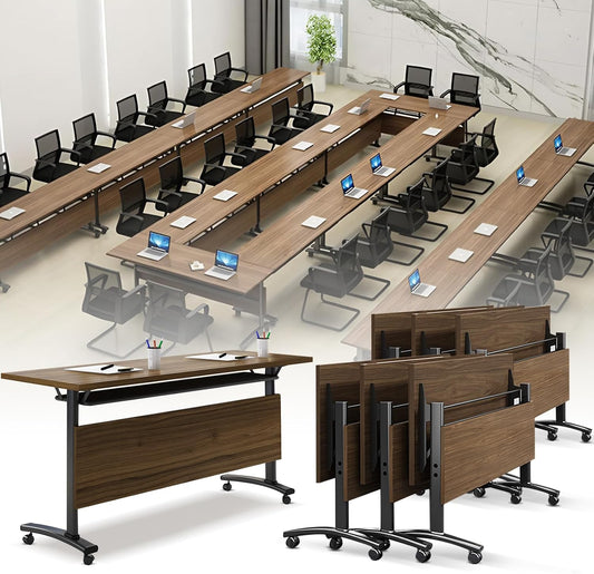 Folding Conference Room Table, Modern Conference Tables with Wheels, Large Rectangular Mobile Training Tables for Office Classroom, Foldable Modular Boardroom Seminar Table Walnut (6pack L70.9in)