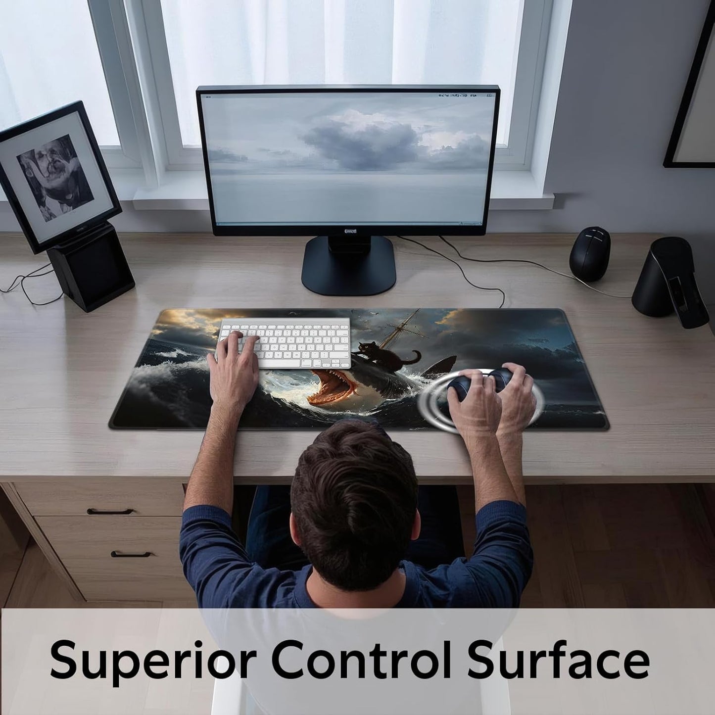 Funny Black Cat Mouse Pad, Abstract Quirky Cat and Shark Mousepad - Large Non-Slip Desk Mat for Office, PC & Laptop - 31.5"x11.8" x 3mm