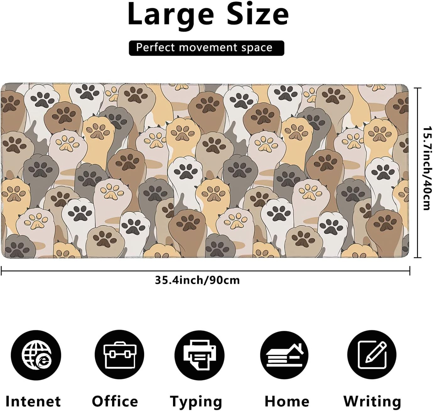 Kawaii Cute Cats Footprint Extended Gaming Mouse Pad Large Desk Mat with Non-Slip Rubber Base and Stitched Edges,Keyboard Mouse Mat Desk Pad for Work,Game,Office,Home 35.4 * 15.7 Inch