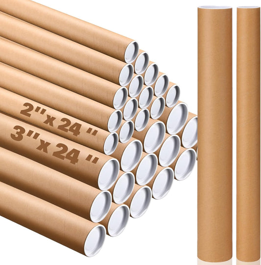 20 Pcs Mailing Tubes Kraft with Caps 24 x 3 Inch & 24 x 2 Inch Shipping Tubes Heavy Duty Cardboard Poster Tubes Kraft Poster Tube for Shipping Storage Art Prints Maps Multipurpose Documents