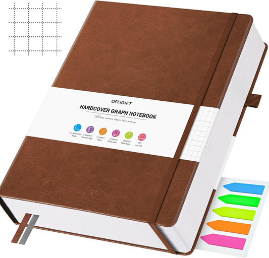 Graph Paper Notebook, 312 Numbered Pages Large A5 Hardcover Leather Journal, 100gsm No Bleed Grid Paper Notebook with Index Pages, Grid Notebook for Graphing Notes Math, 5.75" x 8.38", Brown