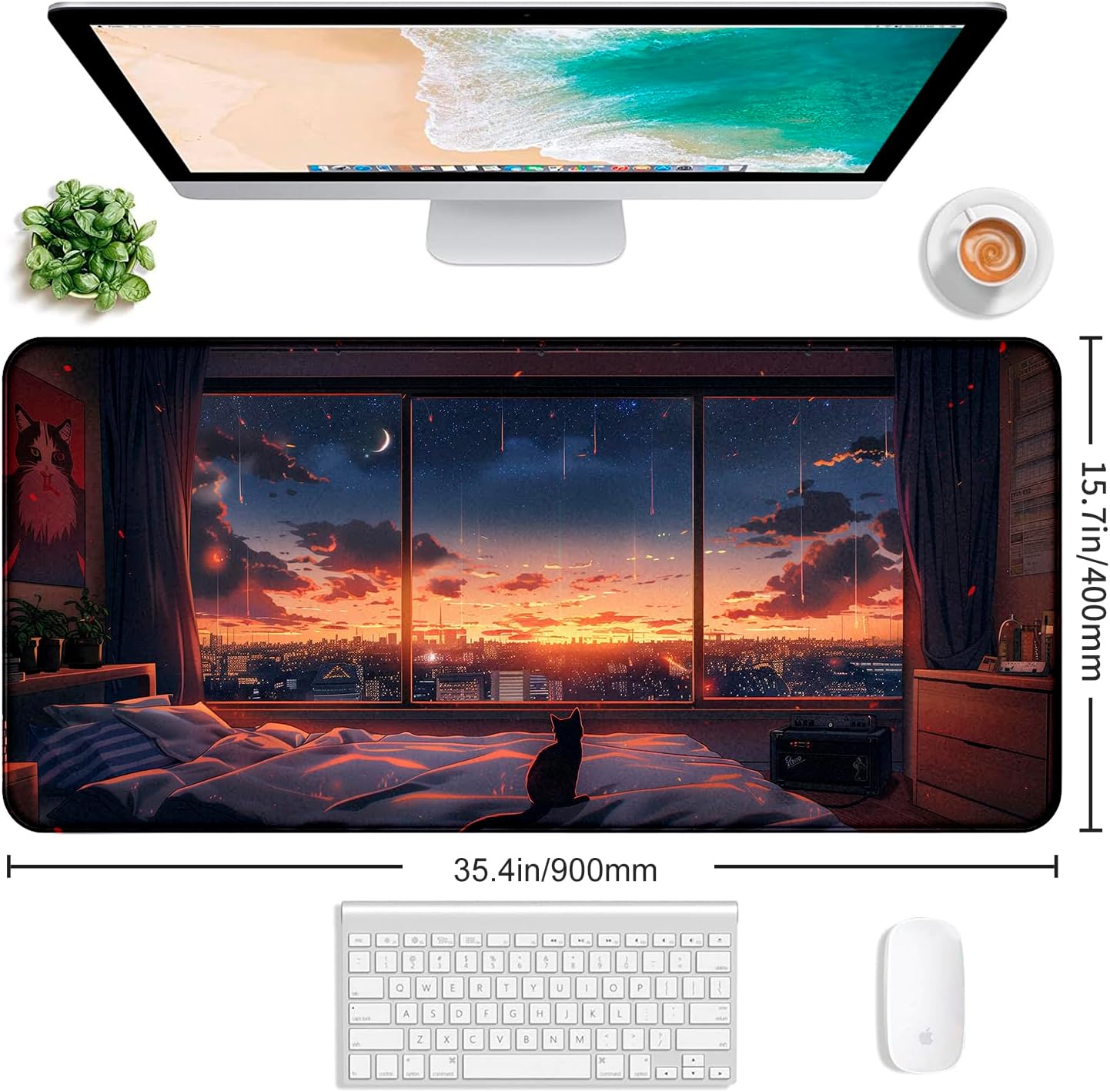Anime Cat Fantasy Window Mouse Pad, Summer Mouse Pad Large Healing Night Scene, Game Table Pad XL Office Decoration Women's Laptop Keyboard Pad 35.4 x 15.7 x 0.12 Inches