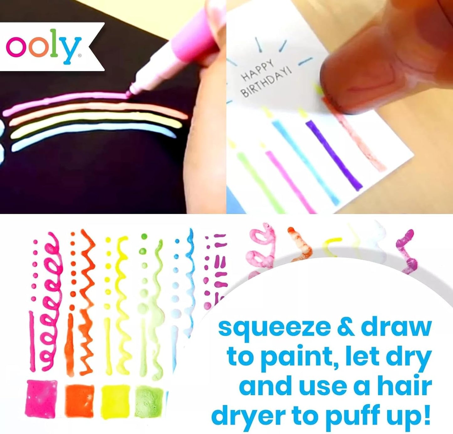 Ooly Puffy Paint Neon Gel Pens Set of 6, 3D Foam Texture Painting Magic Puffy Pen, Creative and Fun Pens for Kids Arts and Crafts Drawing Supplies