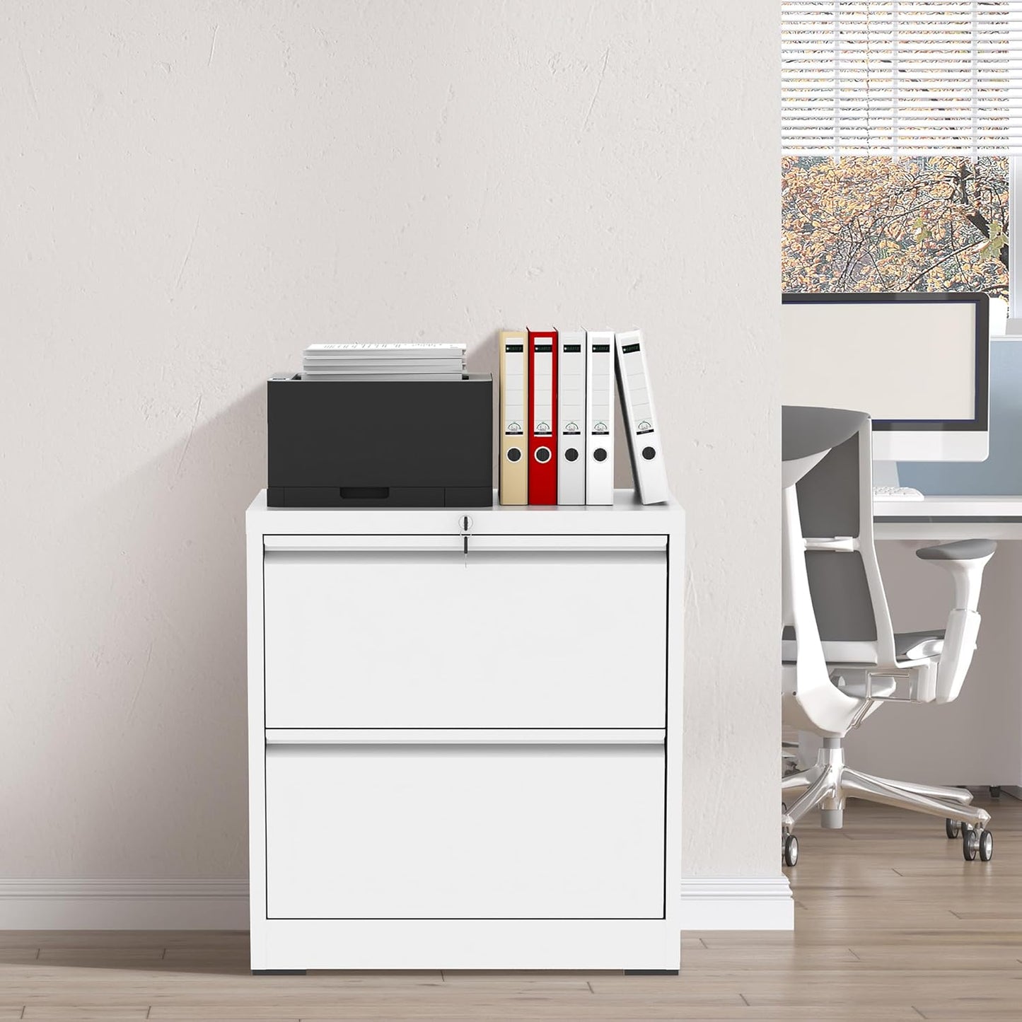 2 Drawer File Cabinet with Lock, White Metal Lateral Filing Cabinets for Home Office, Heavy Duty Steel Horizontal Locking Storage Cabinet for Legal/Letter/A4 Size File, Assembly Required