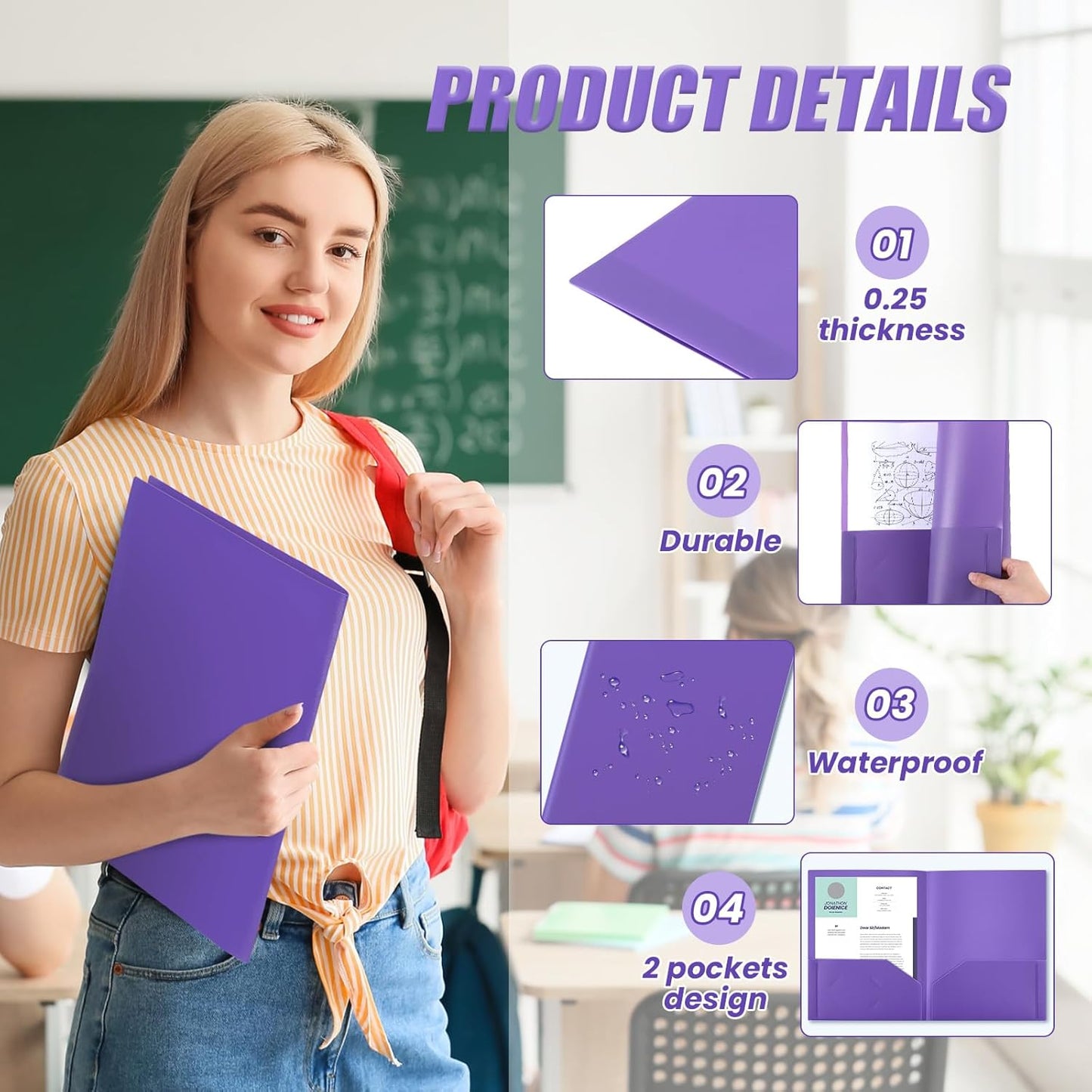Gueevin 200 Pcs Two Pocket Folders Bulk Plastic File Folder with 2 Pockets Letter Size Paper Heavy Duty Durable Portfolios Case for Home Office School Business 11.61 x 9.45 Inch (Purple)
