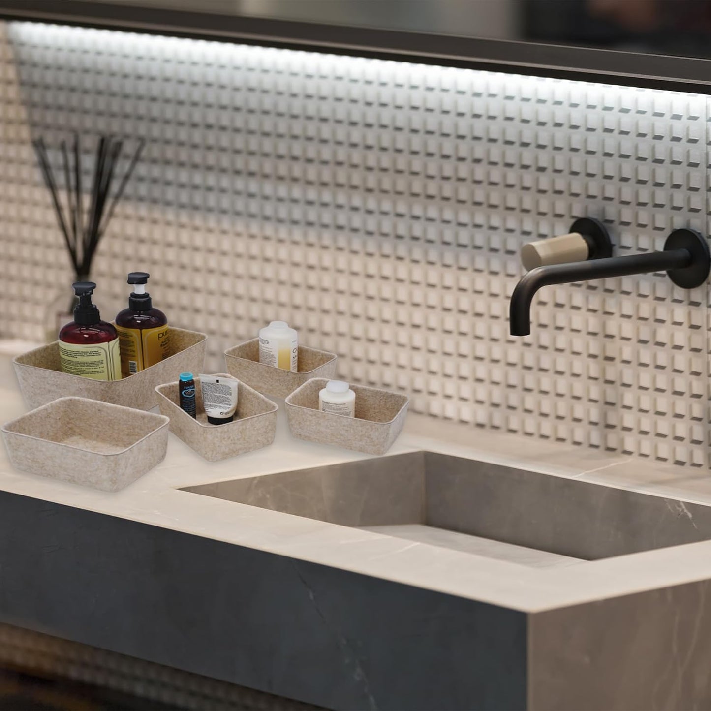 Welaxy 5-piece Drawer organizers dividers storage bins deep storage bin aesthetic wabi-sabi Scandinavian-chic storage bin hygge sleek minimalist lifestyle gifts (Oatmeal)