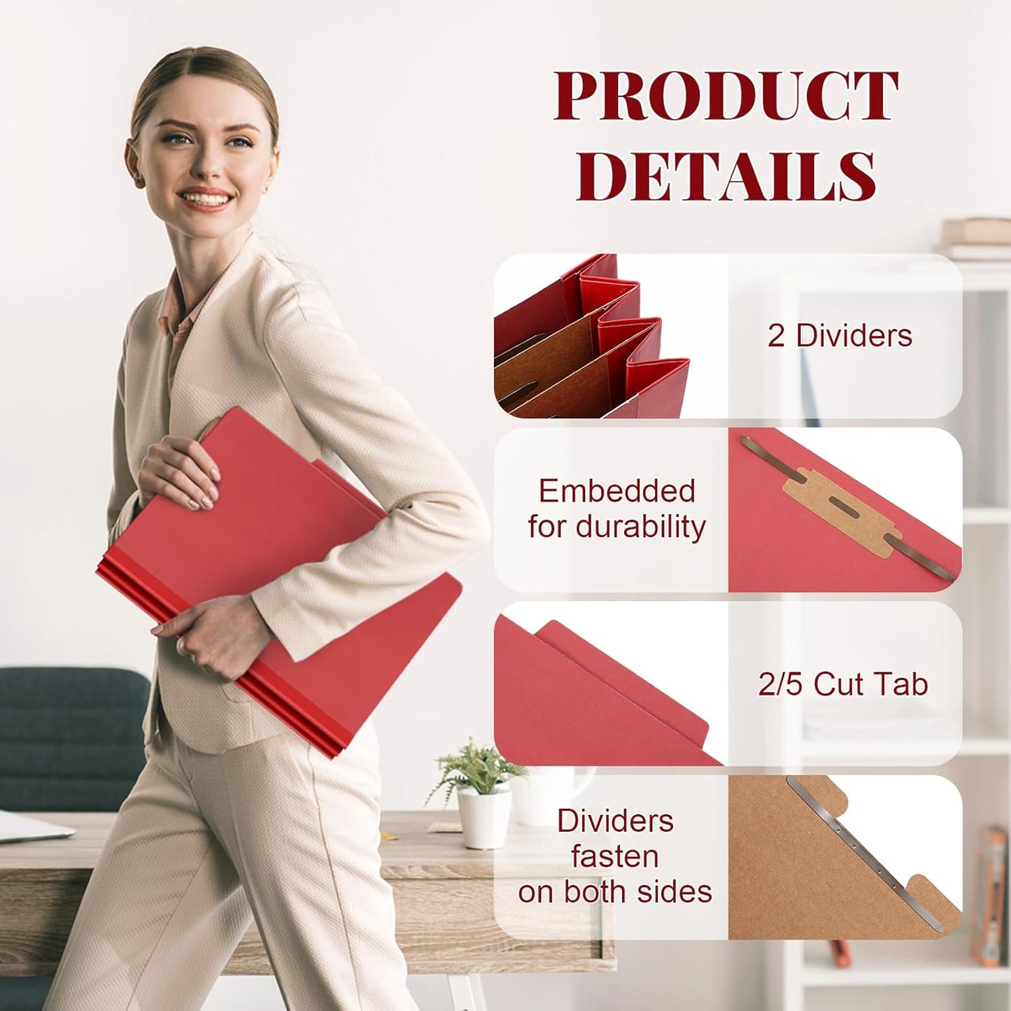 12 Pcs Classification Folders Letter Size Bulk - 2 Dividers Pressboard File Folder with 3. 5 Inch Expansion, 2 Prongs Fastener, Heavy Duty Office File Organizer for Teacher Medical (Dark Red)