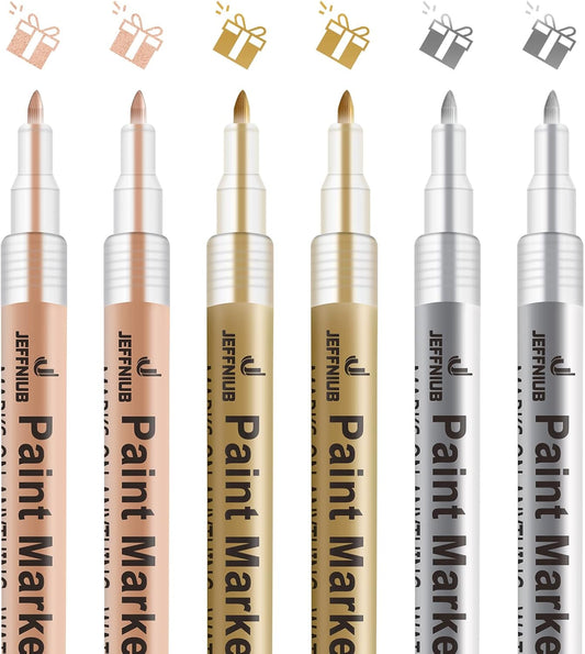 Gold Paint Pens with Silver, Rose Gold Acrylic Paint Pens for Rock Painting, Wood, Fabric, Glass, Canvas, Scrapbooking, Card DIY Metallic Acrylic Marker (0.7mm)